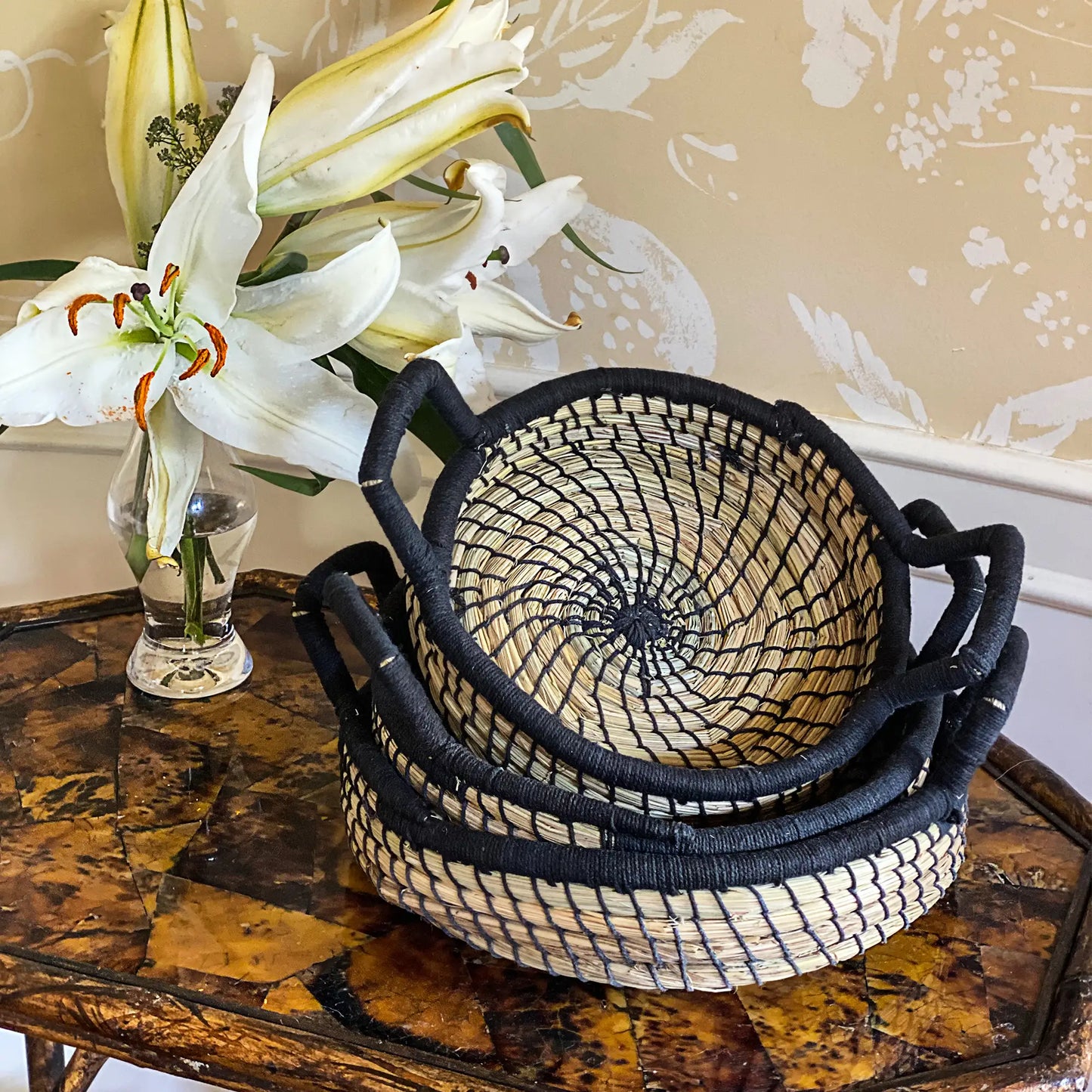 Natural Nested Baskets with Black Accents (Set of 3)