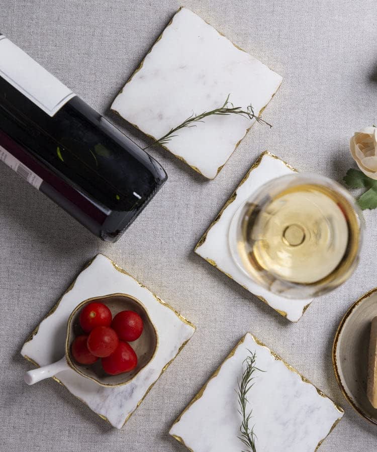 White Marble-Square Coasters with Gold Foiling (Set of 4)