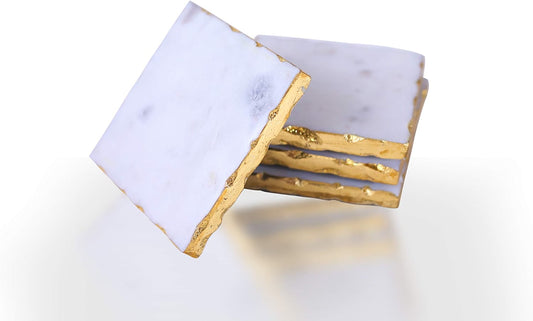 White Marble-Square Coasters with Gold Foiling (Set of 4)