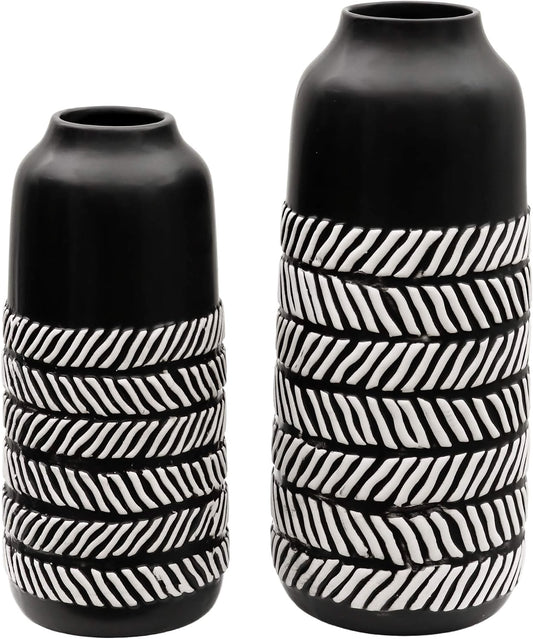 Boho Tribal Style Ceramic Black Vase (Set of 2)