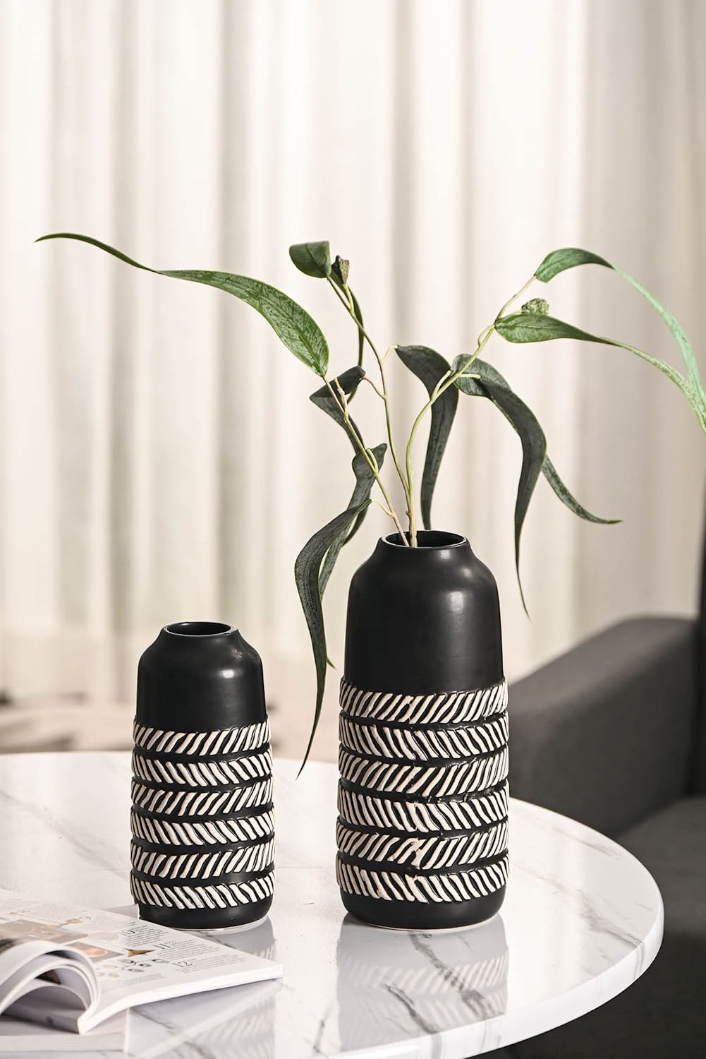 Boho Tribal Style Ceramic Black Vase (Set of 2)