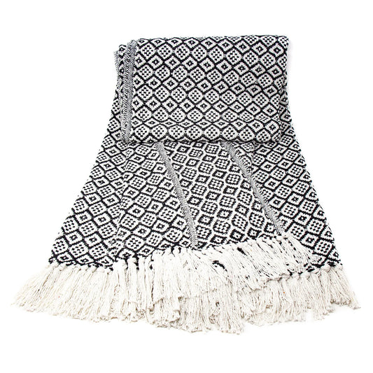 Recycled Cotton Decorative Throw with Tassels, Black & White